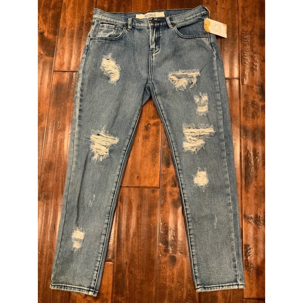Melville Medium Wash Straight Distressed Blue Denim Jeans, Size 27